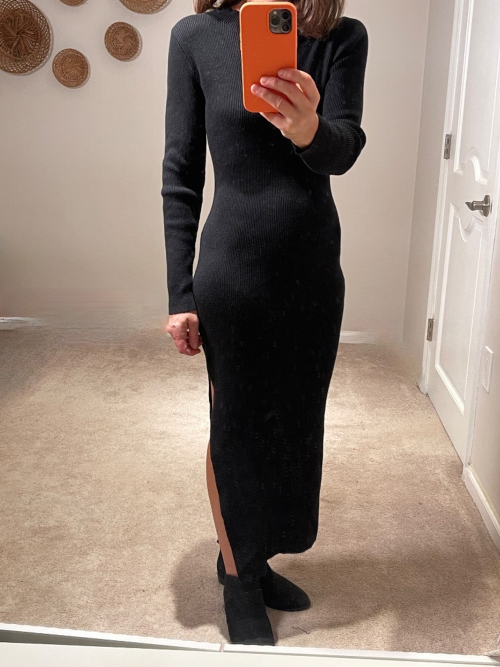 Zesica midi pencil black knit dress women M - long sleeve